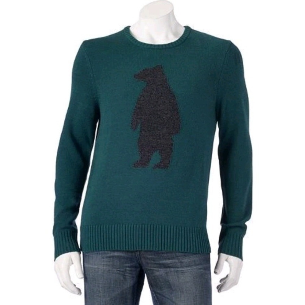 Urban Pipeline Mens Forest Green Grizzly‎ Bear Graphic Knit Sweater Large NEW